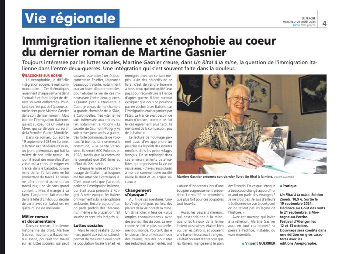 2024 08 28 article du journal le perche sur le roman 