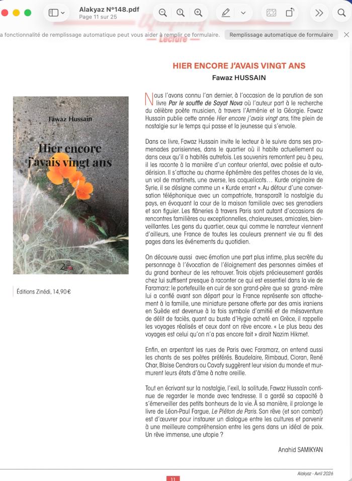 Article de la revue Alakyaz sur le livre de Fawaz Hussain "Hier encore j'avais vingt ans"